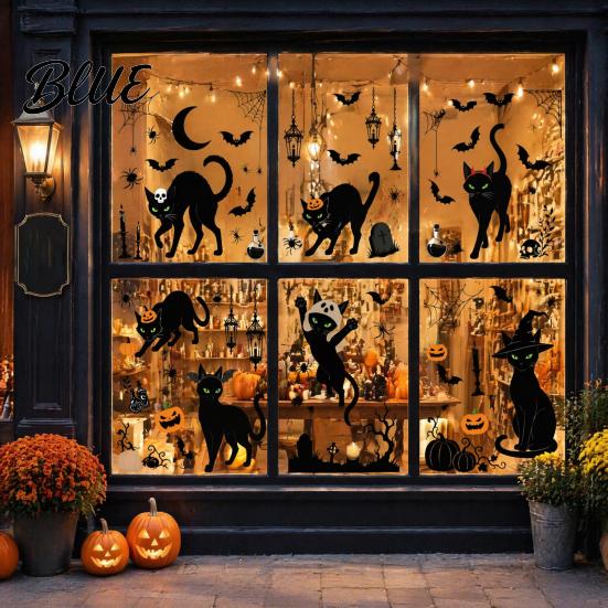 No Residue Holiday Decorations 6 Sheets/Set Black Cat Window Stickers Adhesive Free Static Clings Halloween Clings Bat Pumpkin Spider Web Decals for