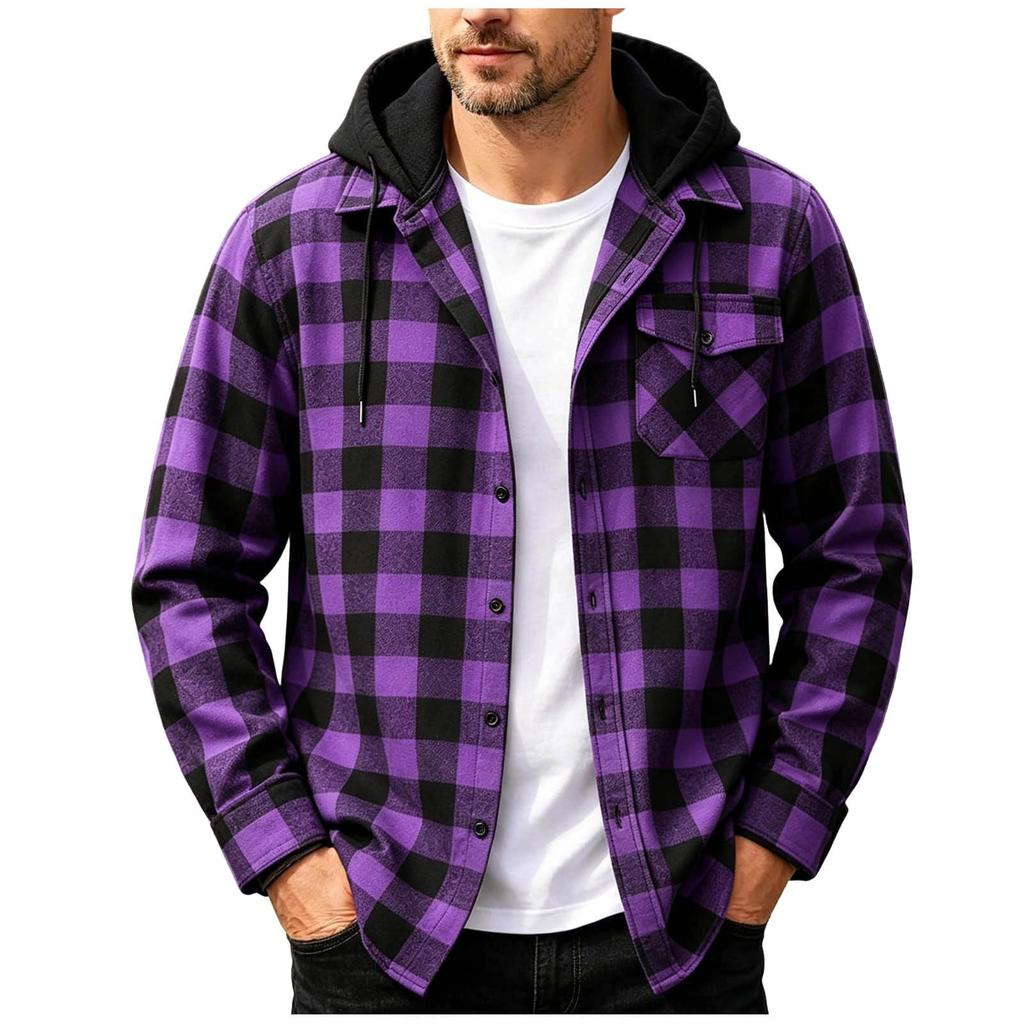 Men's Casual Long Sleeve Plaid Shirt Jacket with Hood and Pockets, Button Down Loose Fit
