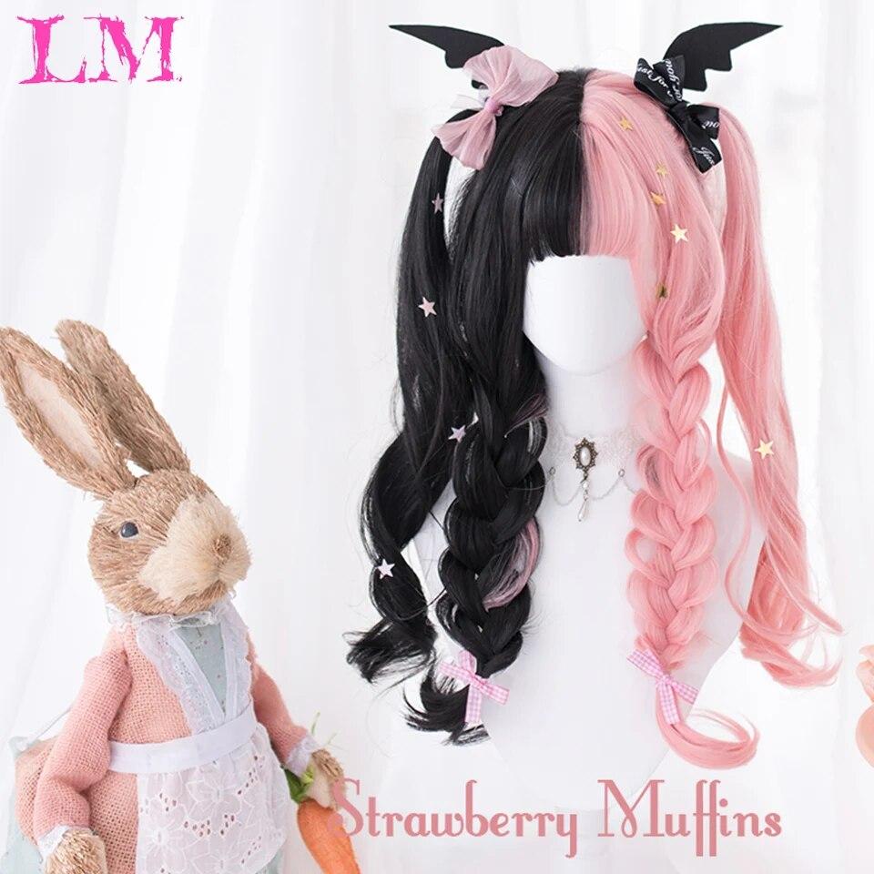 Perruques synthétiques Lolita longues ondulées noires et roses pour femmes, perruque de Cosplay avec frange, résistante à la chaleur pour Halloween et noël
