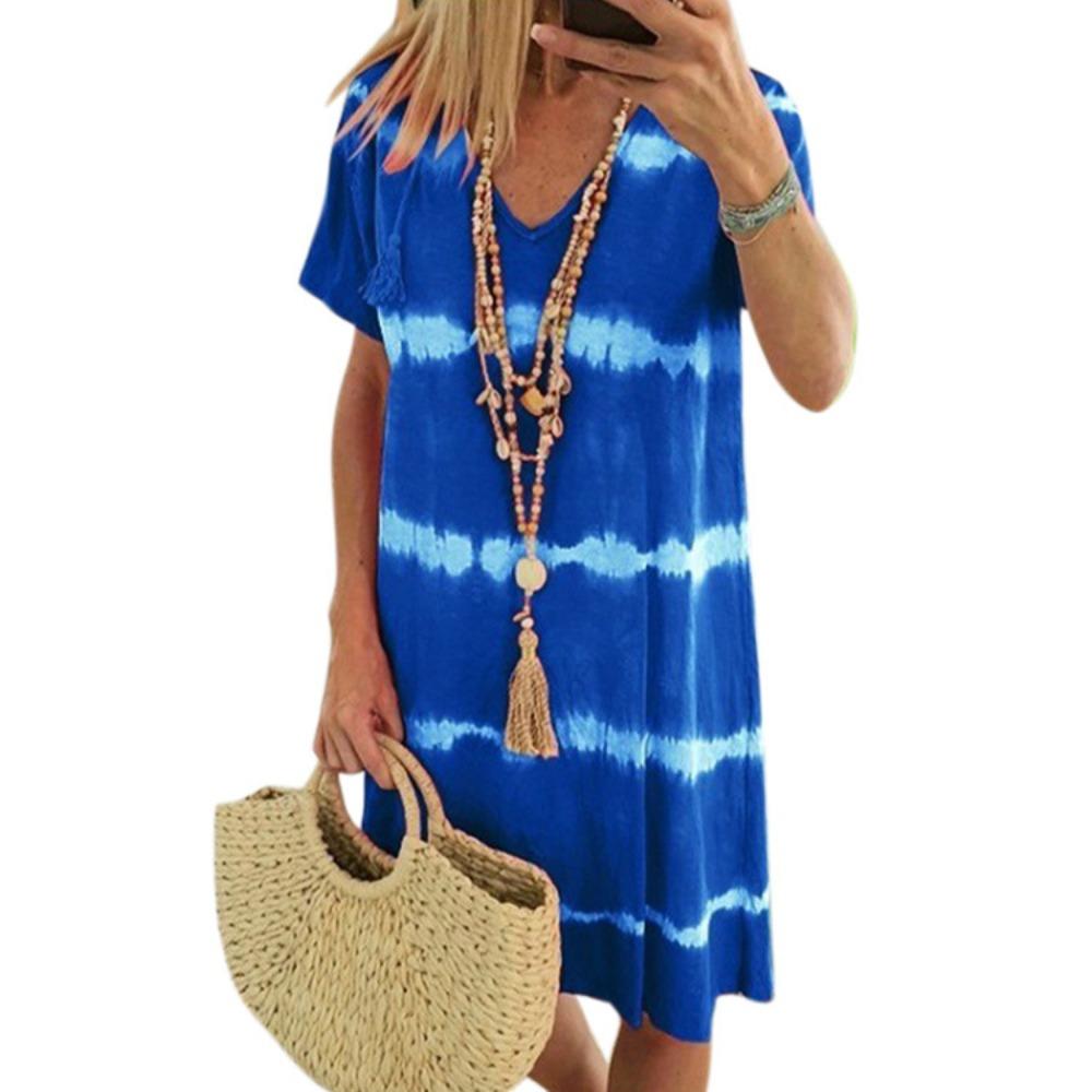 Women's V Neck Short Sleeve Striped Tie Dye Print A-Line Midi Casual Dress