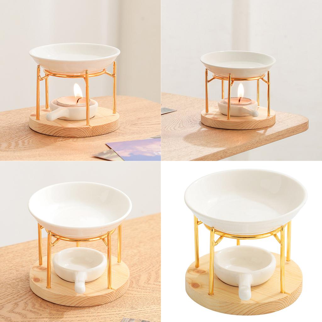 Ceramics Tealight Wax Warmer Essential Oil Burners Heater with Wood Stand Candleholder Aromas Lamp Stove for Meditations