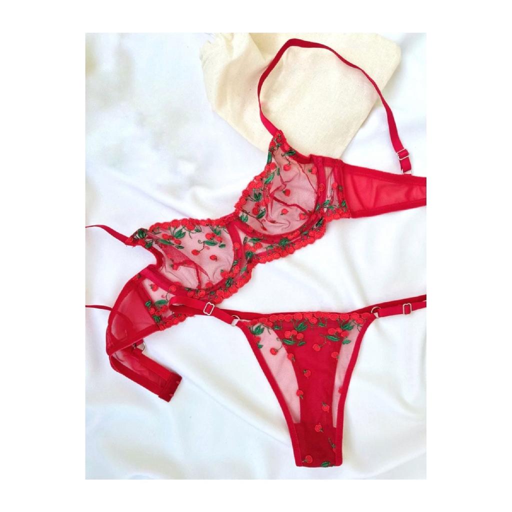 Cherry Red Tanga Pantyon Bra Set