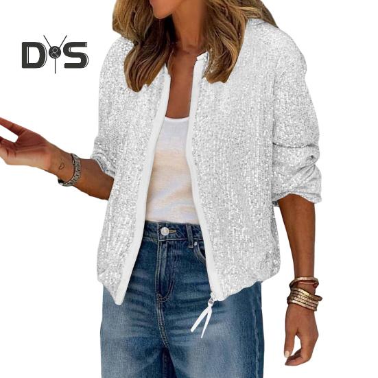 

Женское пальто с блестками, круглым вырезом, застежкой-молнией, длинными рукавами, кардиганом, коротким, свободным, для клуба, выступлений, сценических вечеринок XL