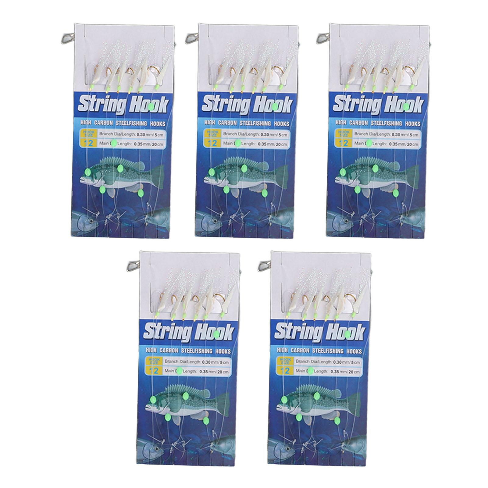 

5 Pcs Fish Skin String Hooks with Luminous Beads Feather Fishing Rigs Baits 6 Hooks Saltwater Fishin 12#