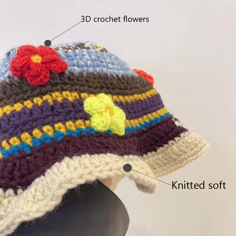 Korean Ins Retro Flower Crochet Bucket Hat For Women Handmade Knitted Hollow Basin Hat Ladies Spring Summer Sunscreen Sun Hat
