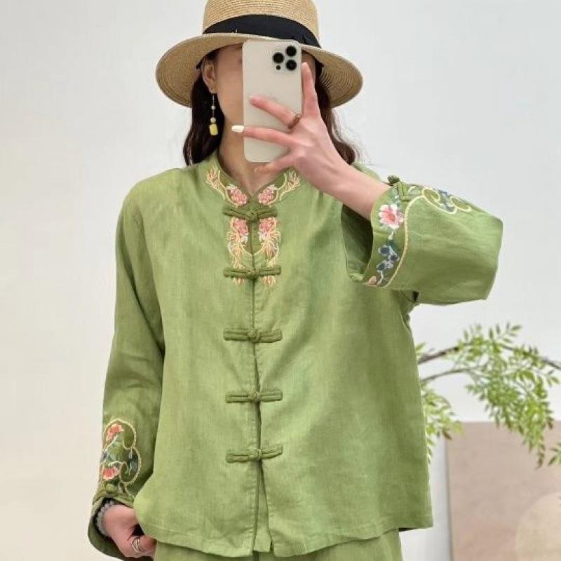 

Весна Осень Ретро Этнический Стиль Вышивка Однобортная Застежка на Дисковые Пуговицы Однотонная Маленькая Рубашка Топ 2XL