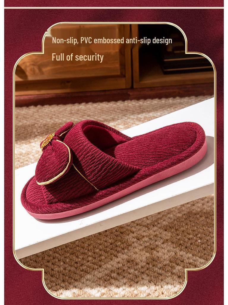 Auspicious Red Wedding Slippers: High-End Bride & Groom Dowry Pair, Four-Season Style