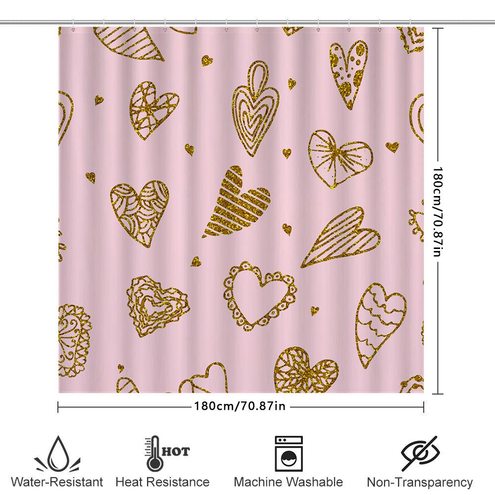 Modern Gold Heart Print Shower Curtain Pink Background With Luxury Decorative Pattern For Bathroom Decoration (Size: 72X84 Inche