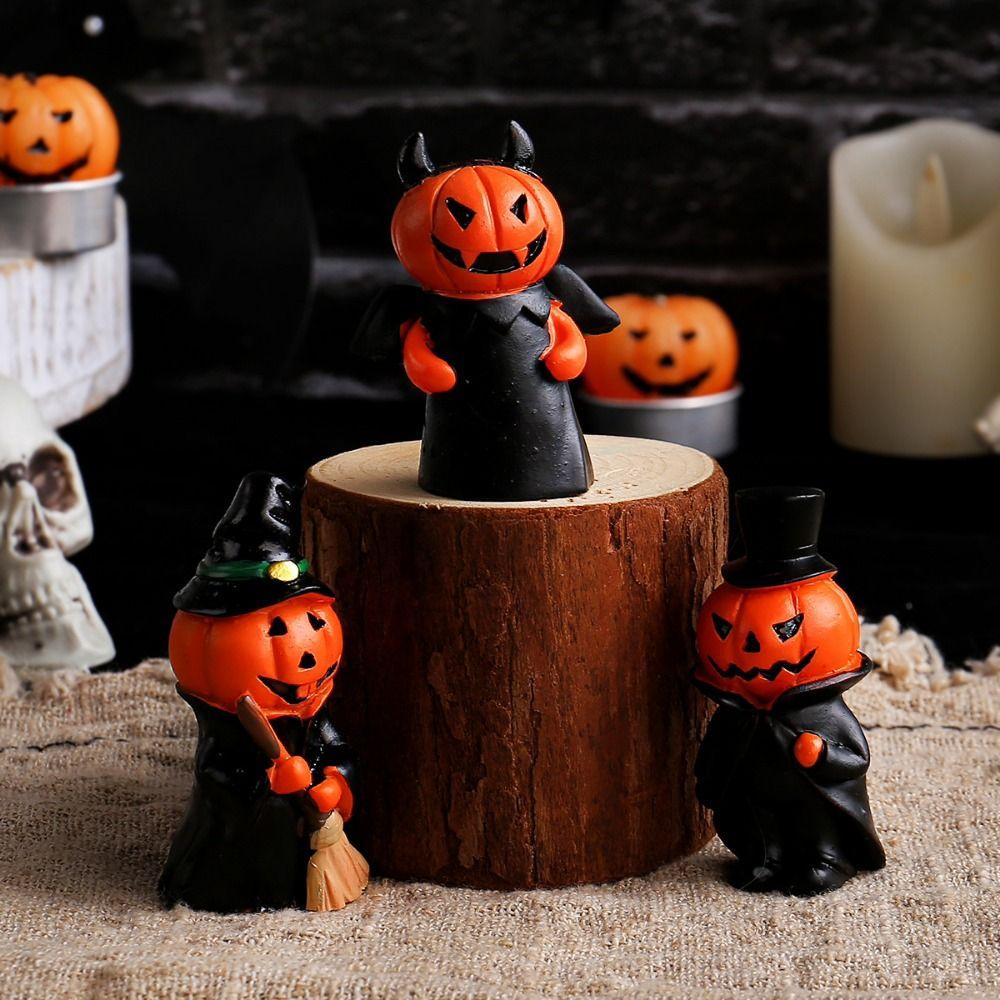 3Pcs/Set Resin Pumpkin Wizard Statue Craft Ghost Festival Mini Devil Pumpkin Figurine Exquisite Durable
