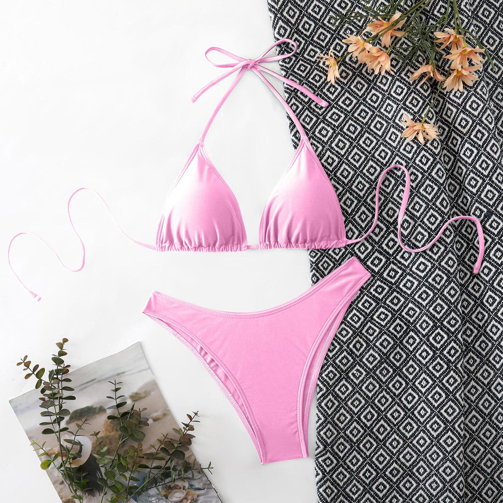 

Women s Two Piece Bikini Set Top Adjustable Ties Classic Swimwear Bathing Suit for Beach Pool S рожевий