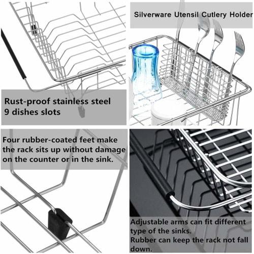 SANNO Expandable Dish Drainer, Sliding Dish Drainer, Kitchen Rack with Cutlery Holder, Stainless Steel