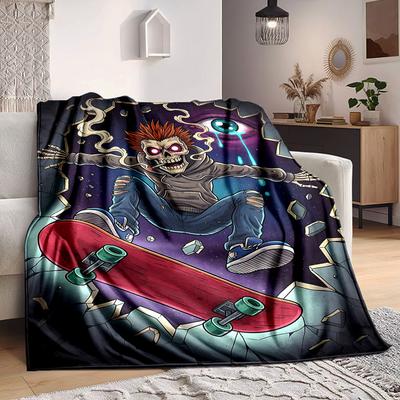 1pc Skateboarding Skeleton Blanket, Lightweight Flannel Throw Blanket for Sofa, Bed, Travel, Camping, Living Room, Office, Couch, Chair, and Bed