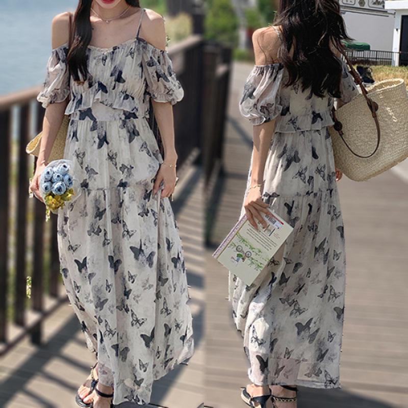 Elegant French Floral Off-the-Shoulder Dress for Women - Slimming A-line Summer Style 2XL