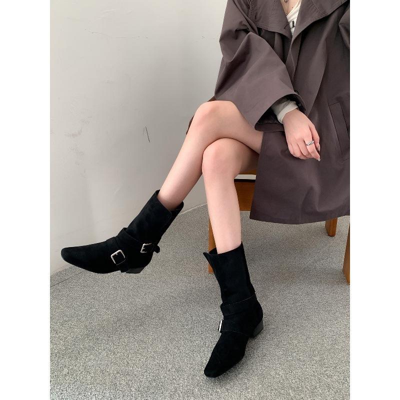 Coarse heel retro suede skinny short boots women's shoes 2025 new autumn and winter brown Martin boots French western ankle boots