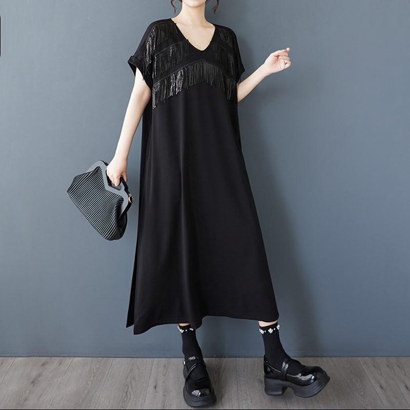 Short Sleeve Plus Size Black Vintage New In Dresses for Women Casual Loose Long Summer Dress