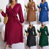 Women Cross V Neck High Waist Long Sleeve Solid Color Pleated Big Swing Maxi Dress