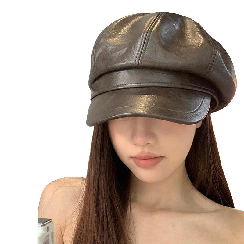 Leather duck tongue beret autumn and winter hat women's high-end octagonal hat versatile painter hat