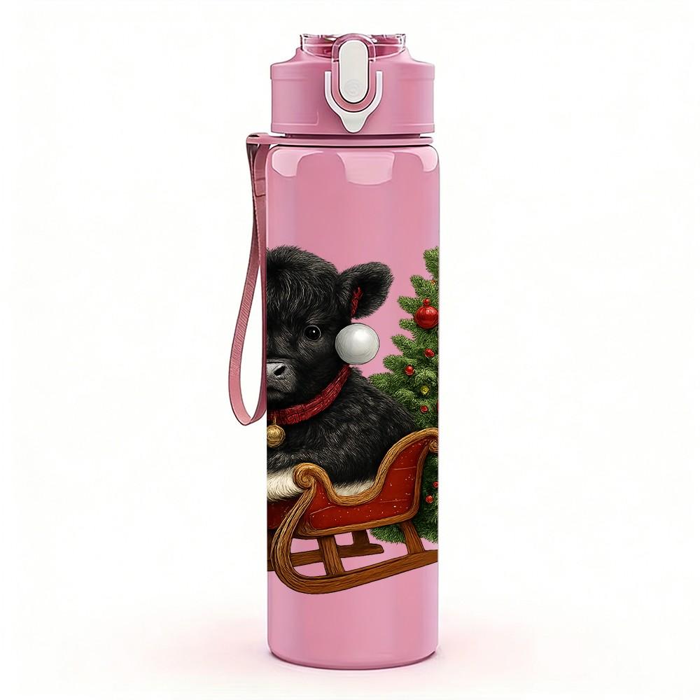 1PC Bear Christmas Sleigh 750ml Color Plastic Sports Water Bottle Leakproof Flip Straw Lid Suitable for Sports Office Home Use
