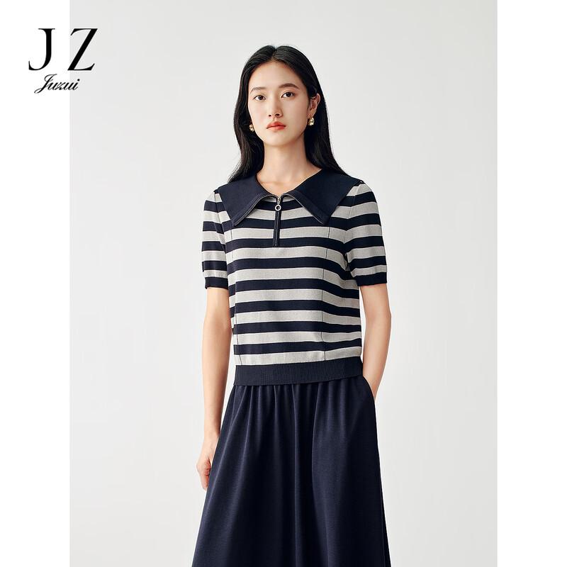 JUZUI Women s Striped Half-Zip Knit Polo Shirt 2XL