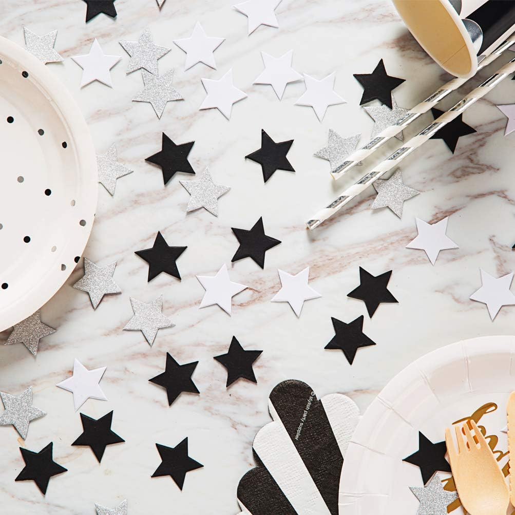Black and White Glitter Silver Paper Twinkle Little Stars Confetti Wedding Birthday Theme Party Favors Table Scatter Decorations, 1.2 inch, 200pc