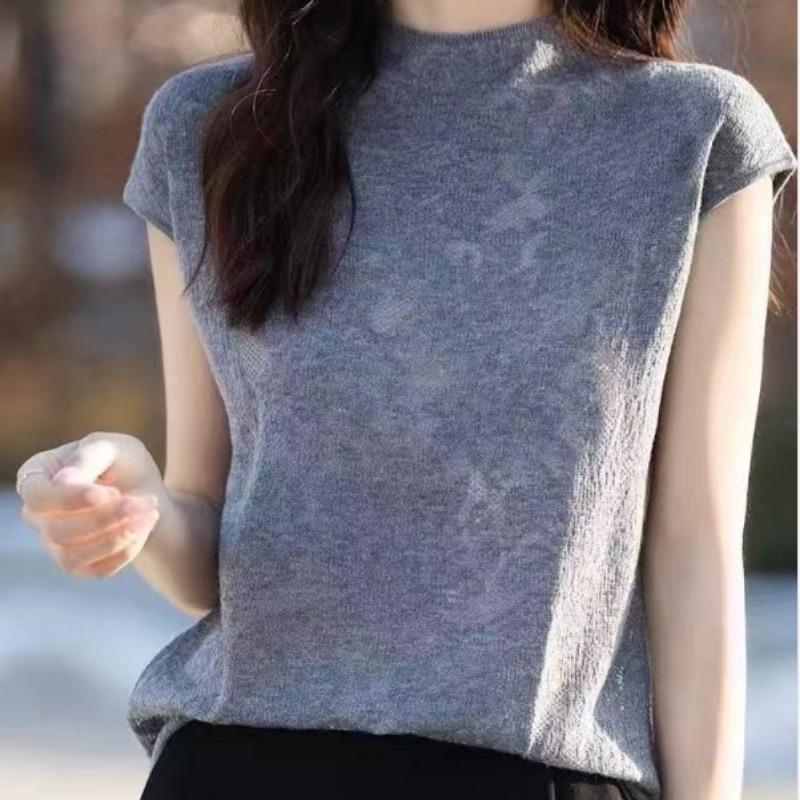 Women's Half High Neck Knitted T-shirt Base Half Sleeve Slimming Knitted T-shirt