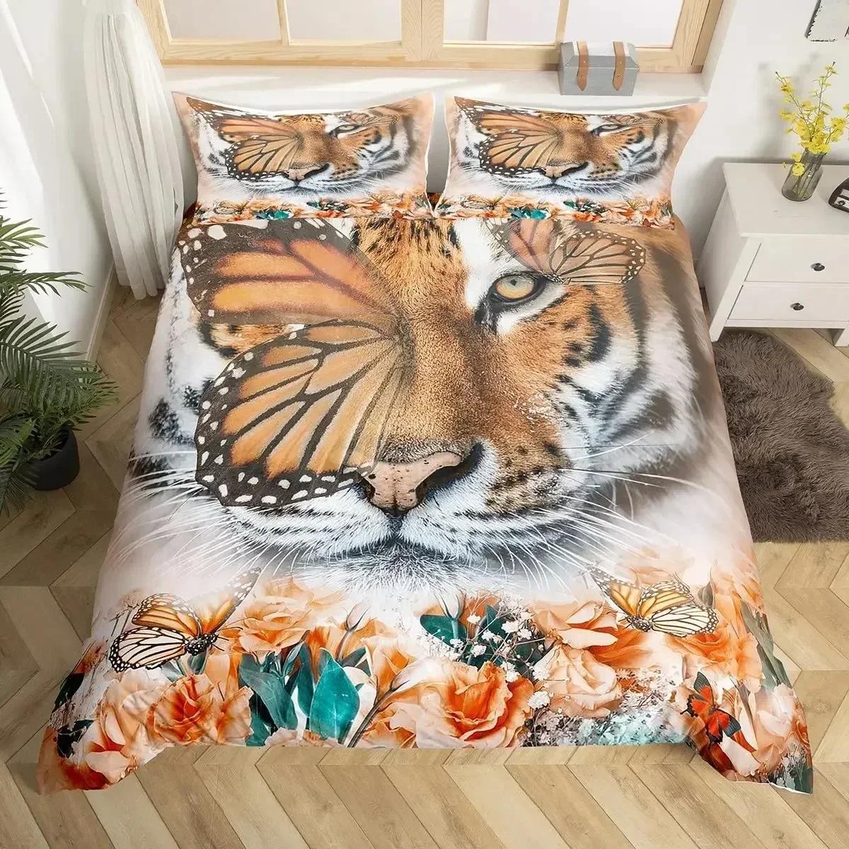 

White Tiger Red Rose Africa Big Cat Flower Bedding Set Duvet Cover Sheet Printed Bed Set Pillowcase Full Queen King Size Bedroom 135x200cm