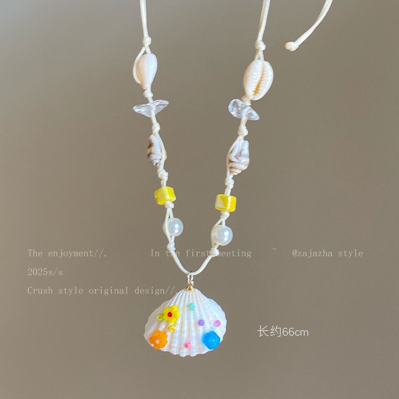 Conch Ceramic Wax Rope Shell Pendant Necklace Ocean Vacation Style Collarbone Chain Fashion Temperament High-end Jewelry Women