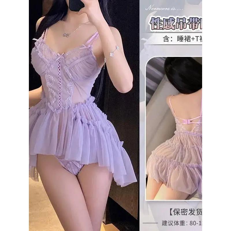 Sexy Lingerie Pure Desire Style Nightdress See-through Hot Uniform Lace Strap Nightdress Dress Elegant Fashion Women Top PJR8