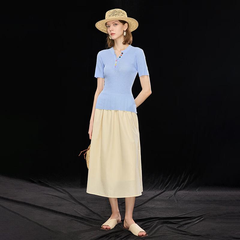 Wudao Women's Summer V-Neck Knit T-Shirt with Tencel-Linen Blend