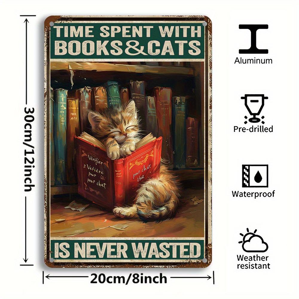 

Vintage Metal Wall Art Time Spent with Books and Cats Durable Multifunctional Wall Hanging Sign Ideal for Home Decor 20x30cm（7.8x11.8inch）