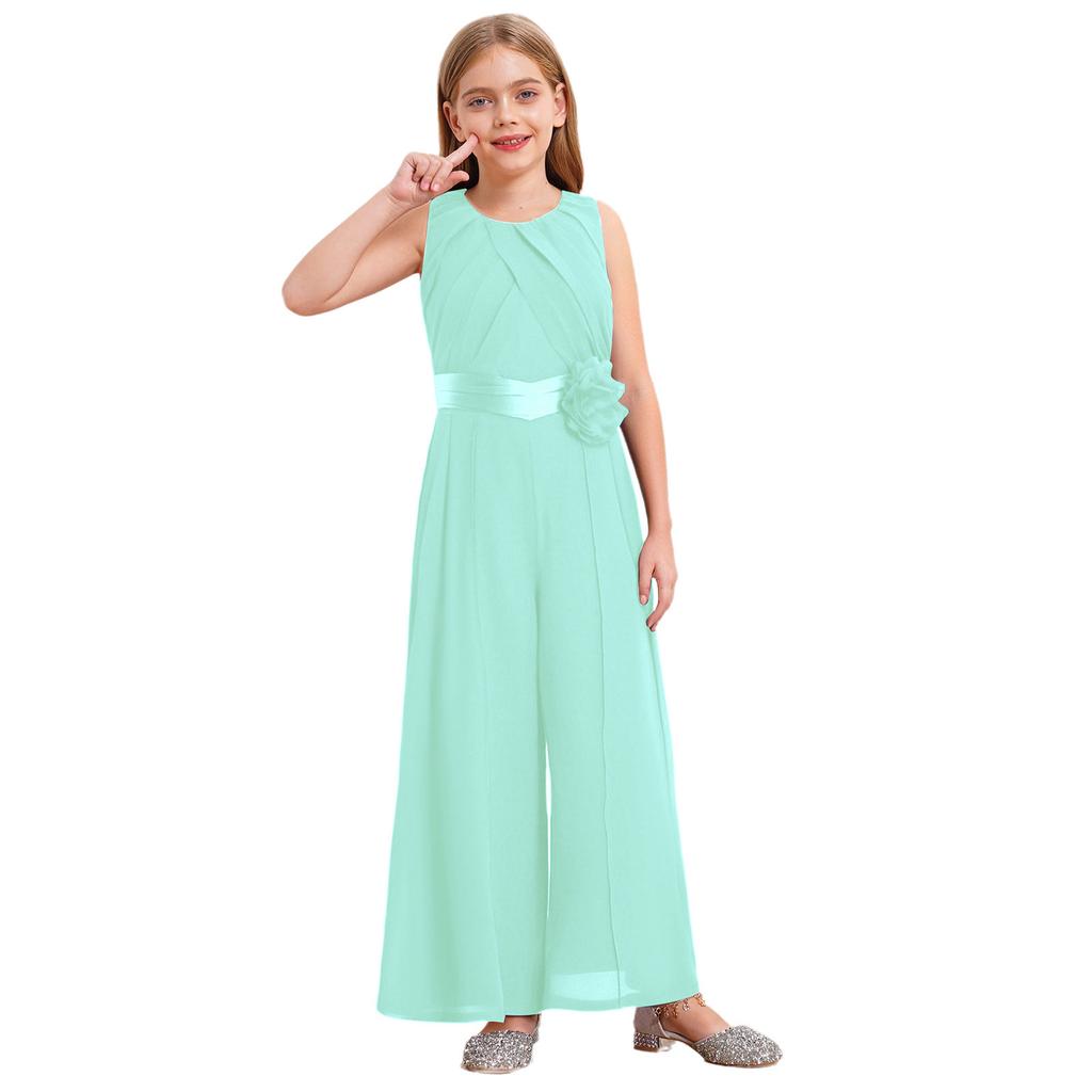 Completo per Feste e Celebrazioni per Bambine: Tuta in Chiffon con Volant e Fiore Amovibile, Vita Alta con Cintura per Eventi