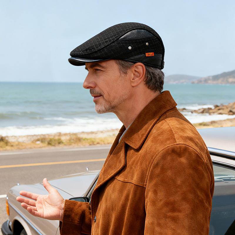 Autumn Winter Plaid Forward Hat Men's Thick Warm Cotton Hat Outdoor Middle-Aged and Elderly Ear Protection Cap Woolen Hat