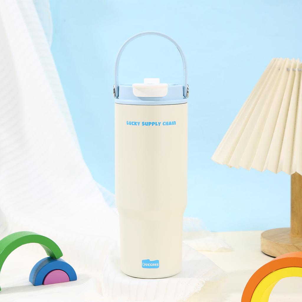 Large Capacity Bingba Thermos Cup with Handle Convenient Car Cup Stainless Steel Tea Separation Double Drinking Straw Cup