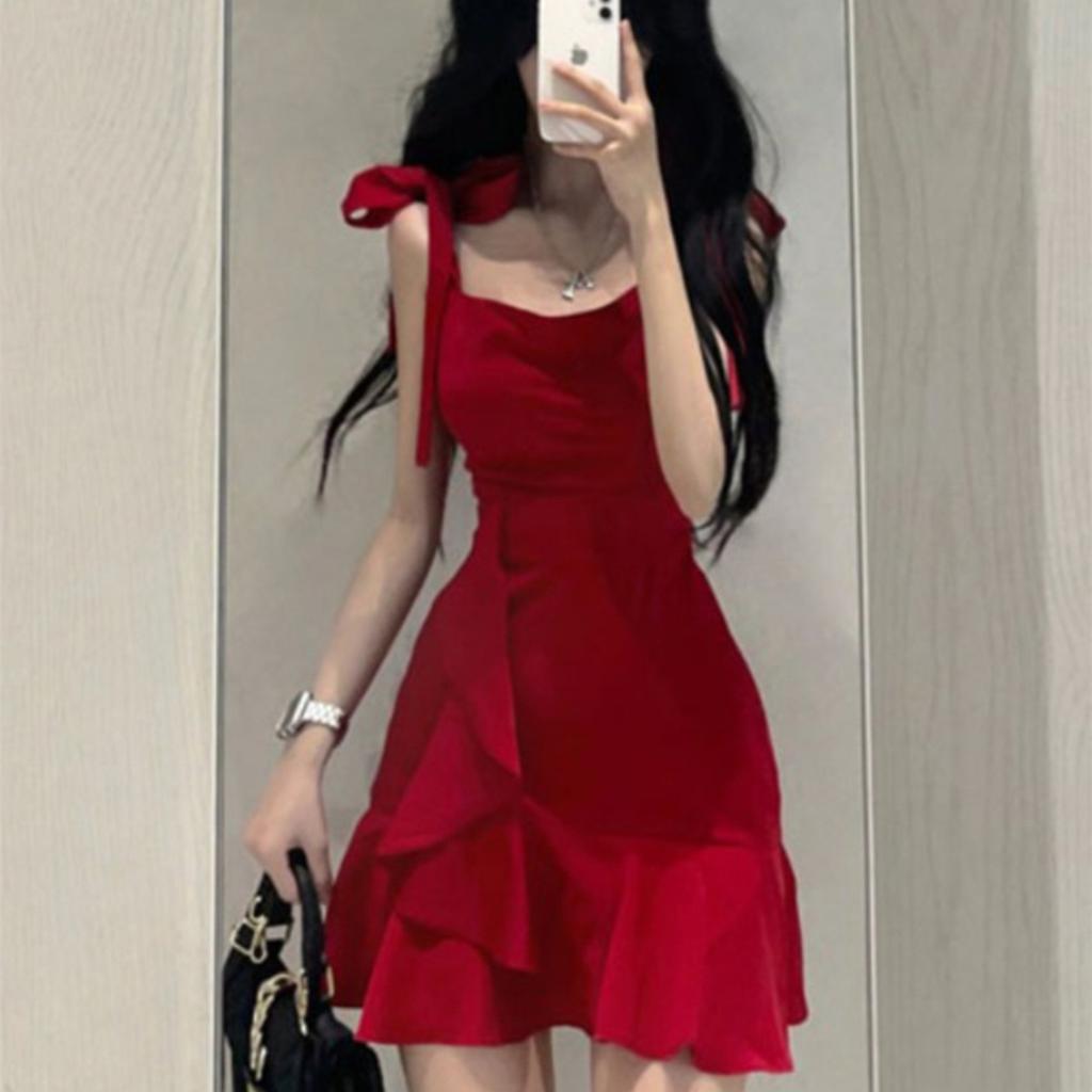 Pure desire style Spice girl red suspender dress women's summer new design sense niche temperament waist and thin short skirt