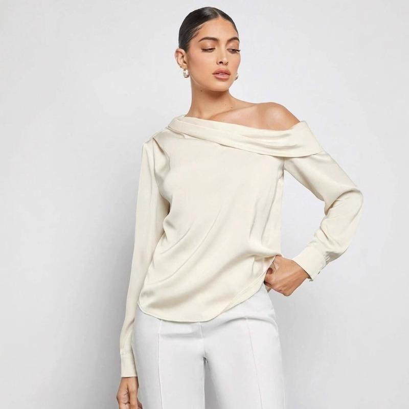Women's Spring Fashion New Off The Shoulder Asymmetrical Long Sleeved Top