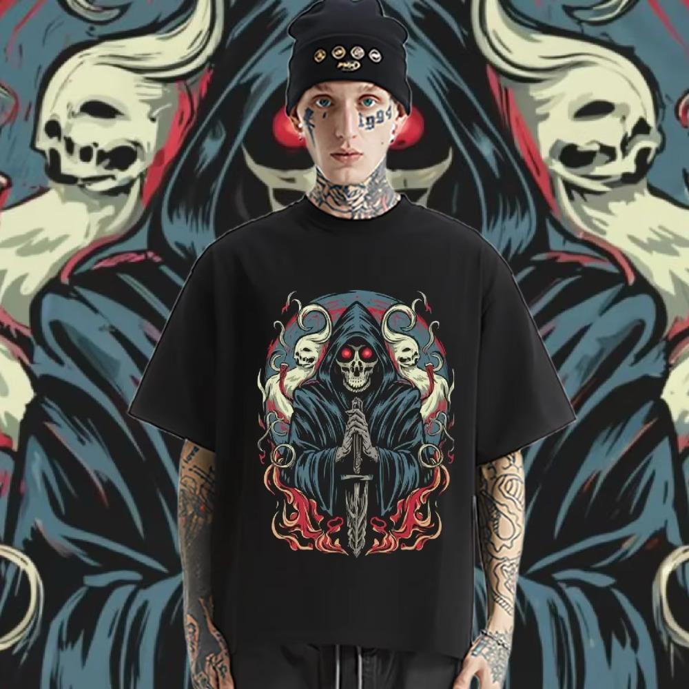 Death Round Collar Tee Oversized Loose Tops Retro Harajuku Rap Style Shirt Graphic Cotton T Shirt Causal Unisex T-shirt Custom