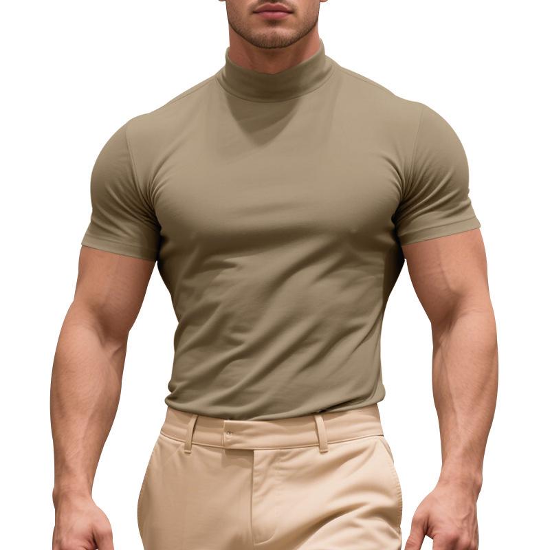Summer New Men's Casual Semi-High Neck Slim Solid Color T-shirt - European & American Fashion.