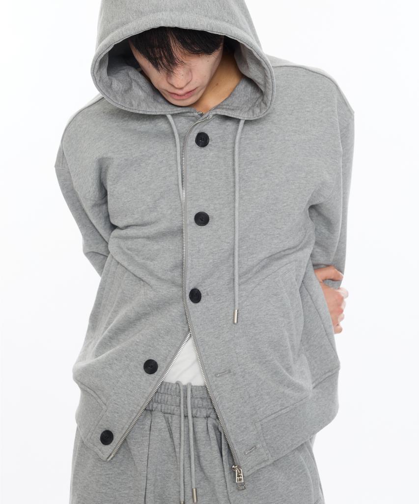 Piari Heavy Cotton Two-Way Button Zip-Up Hoodie (Gray)