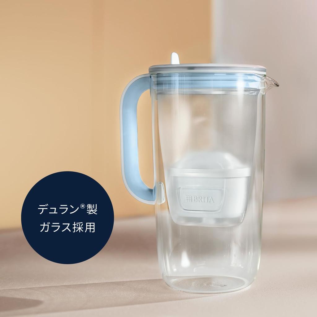 Brita Water Filter, Pitcher Type, PFOS/PFOA Removal Tested, Glass Jug, Light Blue, Filtered Water Capacity: 1.23L (Total Capacity: 2.5L), [Genuine Jap