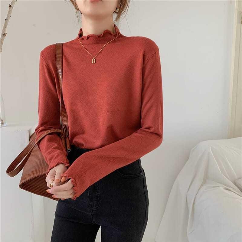Apricot Semi-turtleneck Bottoming Shirt for Women with Autumn and Winter Fungus Edge Top, White Semi-turtleneck Core-spun Yarn Knitting