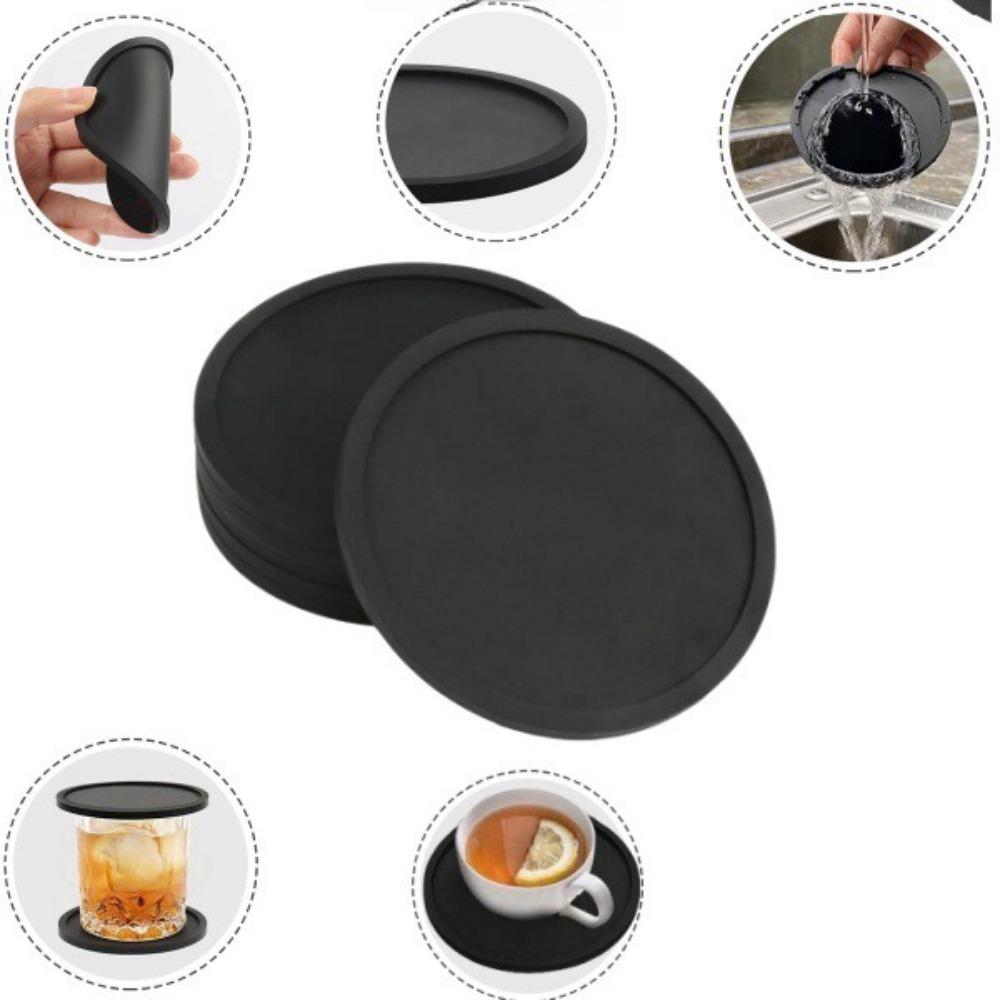 4pcs Functional 10cm Cup Mat Black Round Shape Silicone Coaster Non-Slip Surface Heat Resistant Table Placemat Tabletop