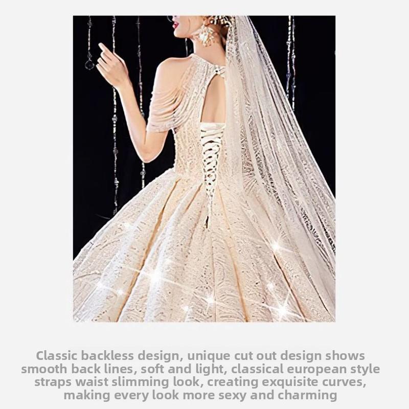 French Vintage Wedding Dress - Luxe Princess Ball Gown with Heavy Embroidery, Cathedral Train Bridal Dress