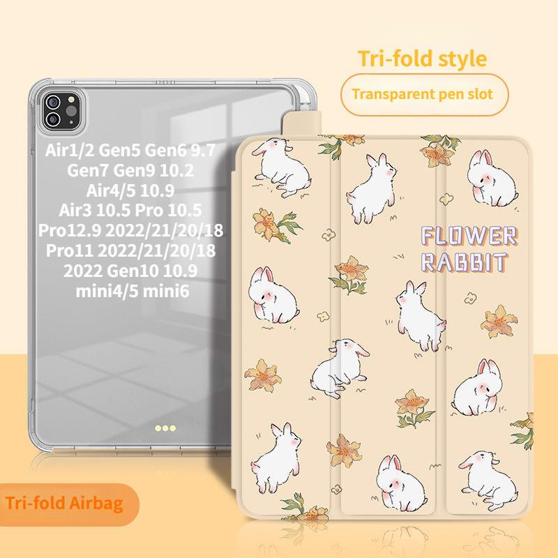 For iPad 2022 Gen10 10.9 Air4 Air5 10.9 Pro11 Pro12.9 Mini6/5/4 with Pencil Holder New High Quality Cute Floral Bunny Pattern iPad Tri-fold Flip Case