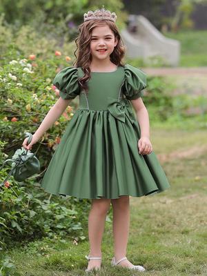 Kinder Satin Prinzessinnenkleid mit Puffärmeln und großer Schleife