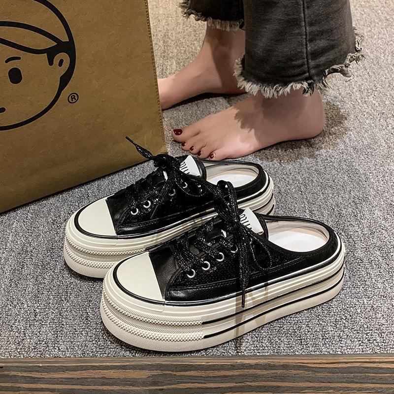 European products popular bag head half slippers women's 2025 spring new thick-soled heightening niche canvas shoes super fire white shoes