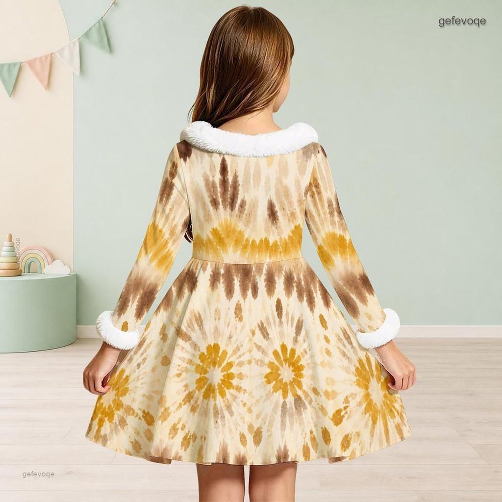 Girls Long Sleeve Tie Dye Printed A Line Dress White Furry Collar Cuffs Waist Bow Flared Hem
