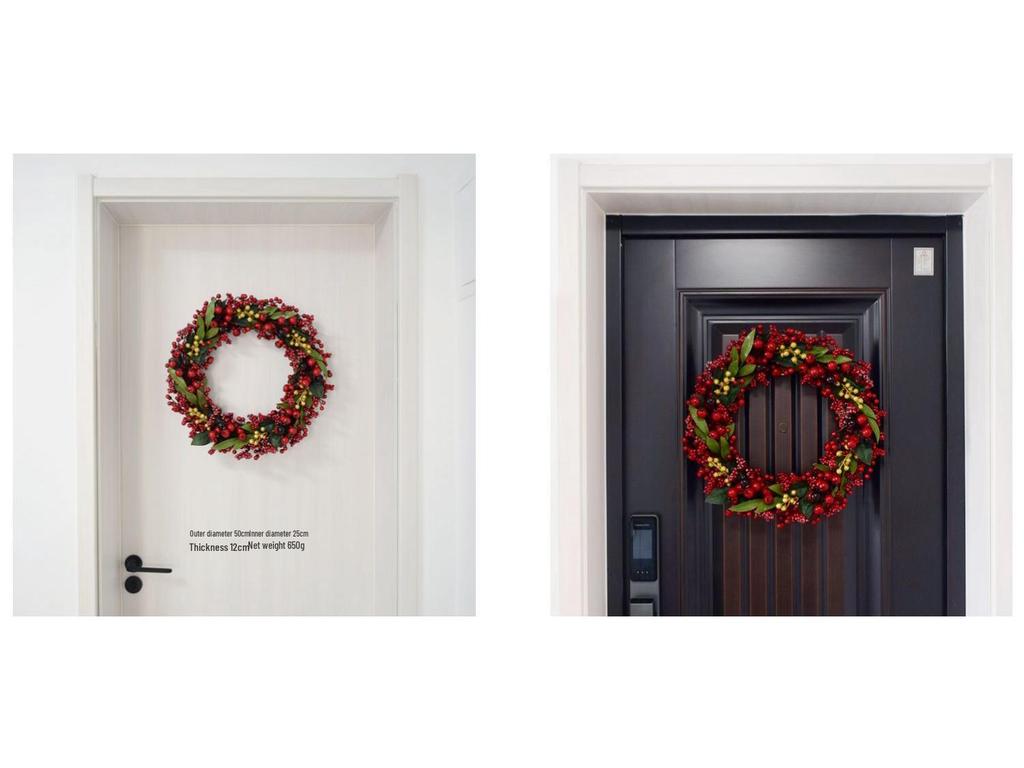 Handmade Christmas Wreath with Red Berries & Green Leaves on Steel Ring for Door Decoration