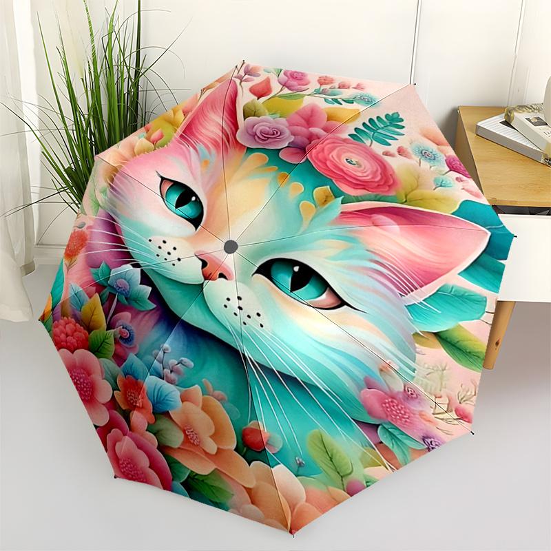 

1pc Pink Cat Art with Floral Accents Pattern Automatic Umbrella is Fashionable and Good-Looking, a Portable 3-Fold Umbrella, Suitable for Travel