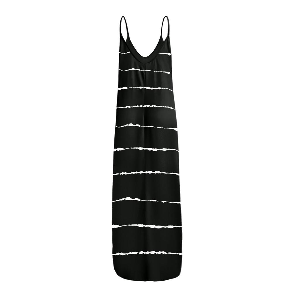 Fashion Women's Loose Casual Summer Striped Print Pocket Sling Sleeveless Dress