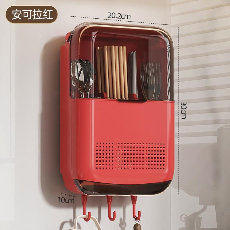

Wall Mounted Kitchen Cutlery Holder Breathable Dust-Proof Utensil Drainer No Punching With Lid Chopstick Storage Box красный